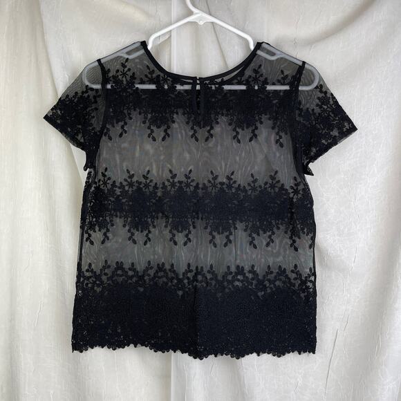 Black Sheer Mesh Knit Lace T Shirt Scalloped Hem Forever 21 Size Small - Picture 10 of 16
